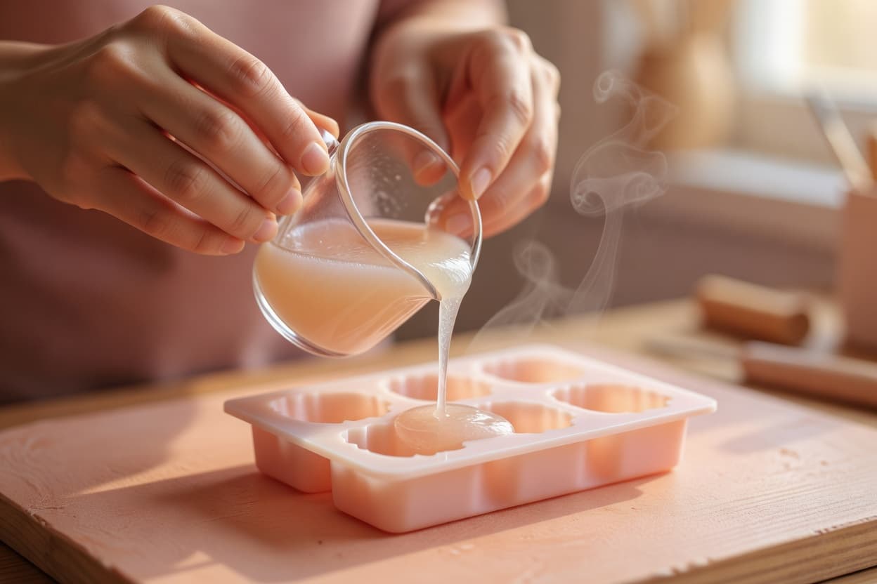 close-up of hands pouring melted glycerin soap base into a silicone soap mold