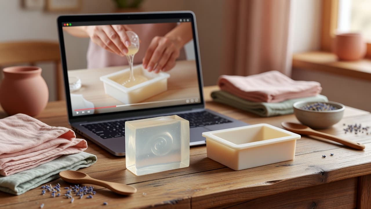 a laptop open on a desk showing an online soap-making course video next to a finished translucent glycerin soap bar and a soap mold