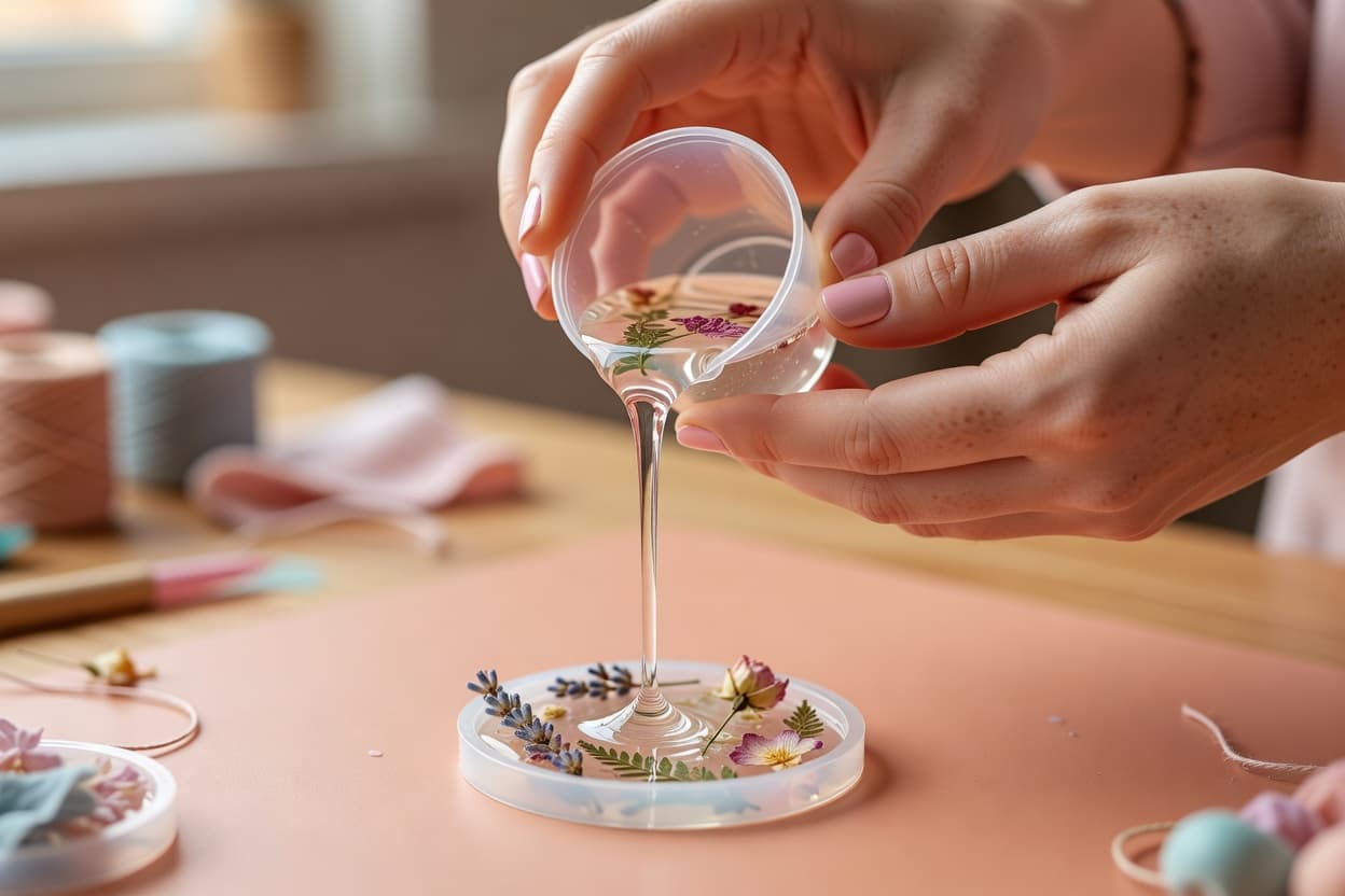 close-up of hands pouring clear epoxy resin into a small silicone keychain mold with dried flowers inside