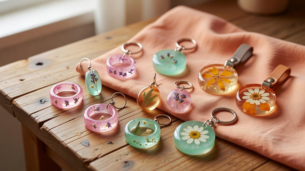 flatlay of finished epoxy resin jewelry and keychains (rings